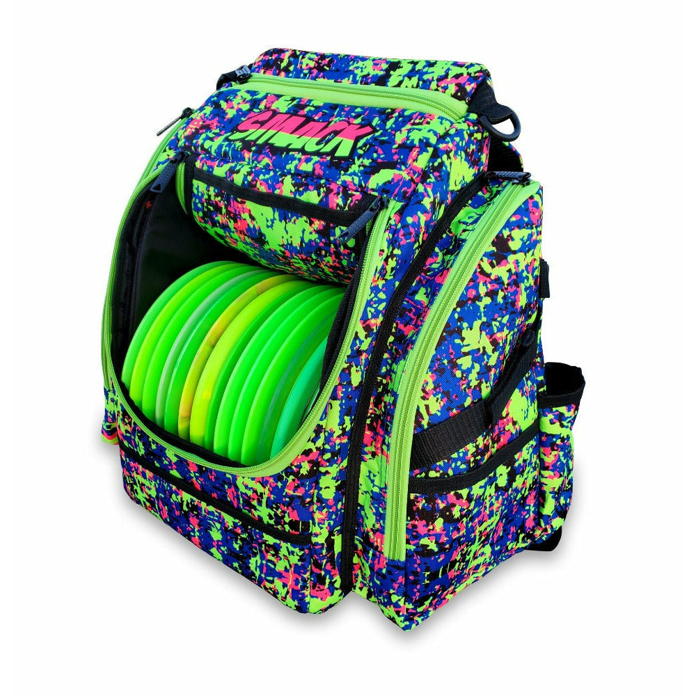 green and purple disc golf backpack