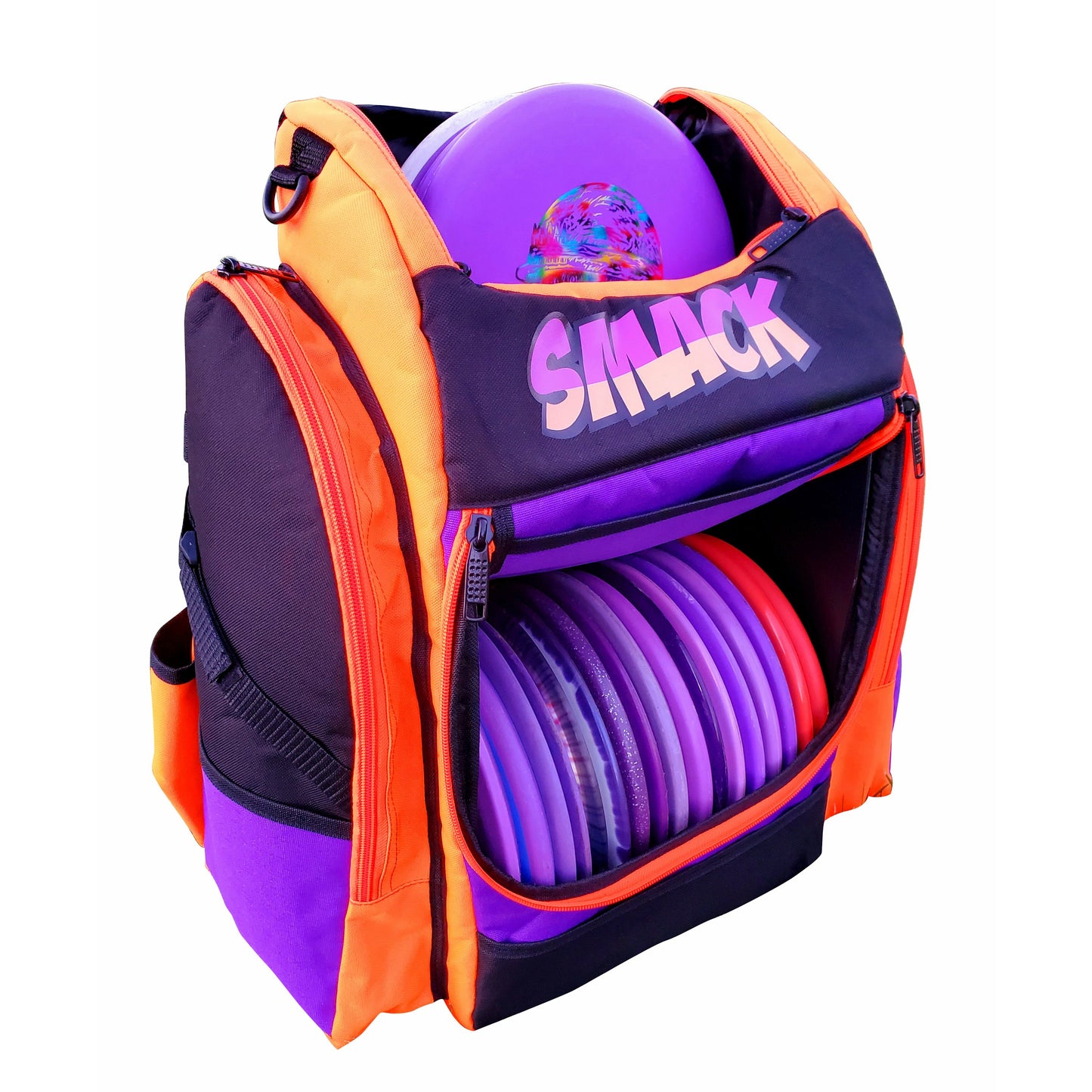 PURPLE ORANGE AND BLACK DISC GOLF BACKPACK