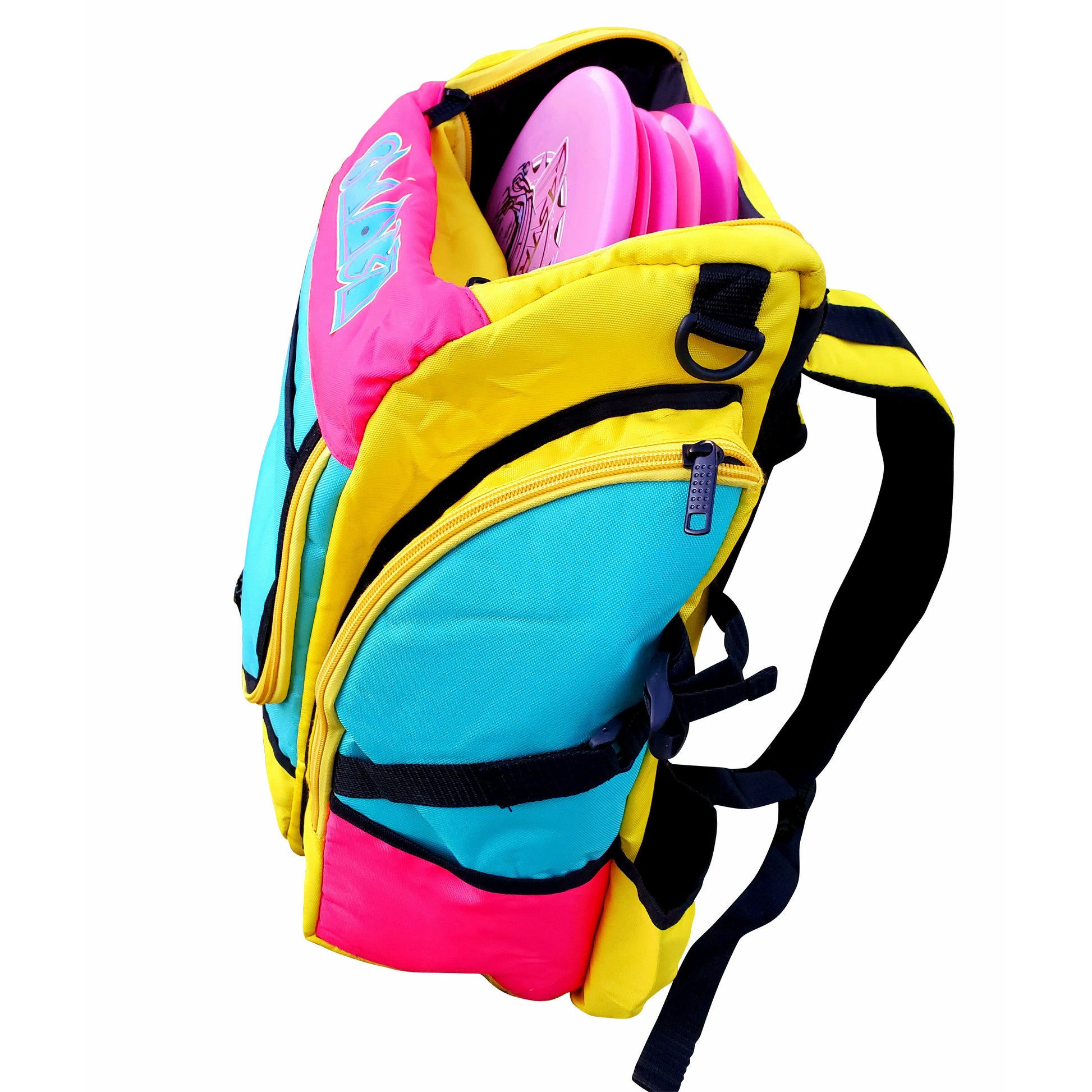 Pink and yellow disc golf backpack