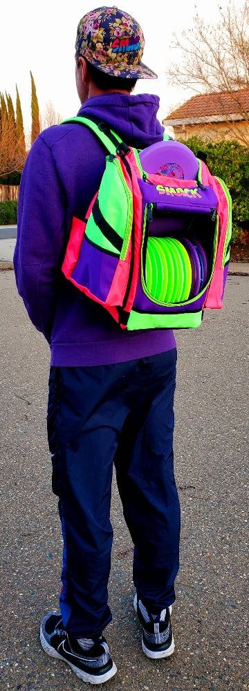 disc golf backpack purple and neon green