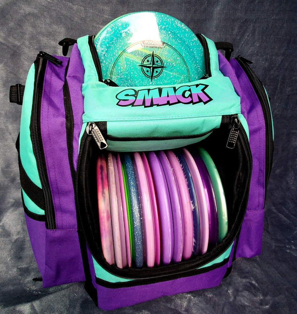 purple and teal disc golf backpack